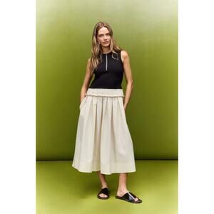 Plan C Knit Poplin Two Toned Pleated Midi Dress Mixed Media Sz 8